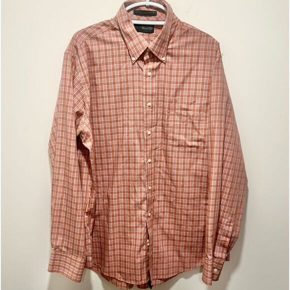 Marshall Field’s orange plaid dress shirt button down collar size 17-1/2 neck - Picture 1 of 4